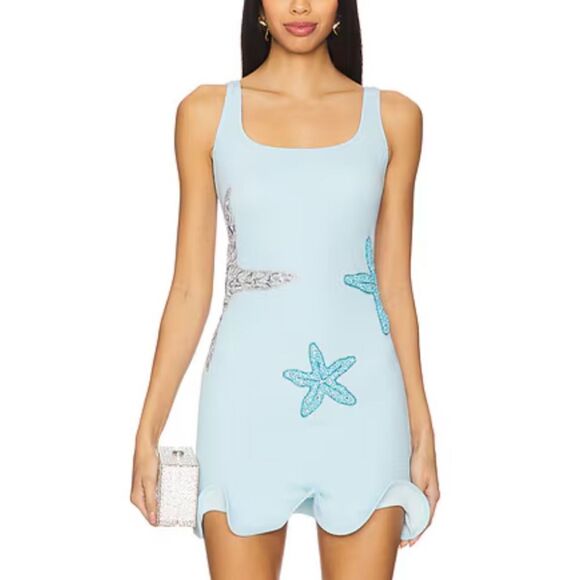 leslie amon Dresses & Skirts - Leslie Amon Starfish Dress Blue beaded stretch mini resort Revolve NWT M